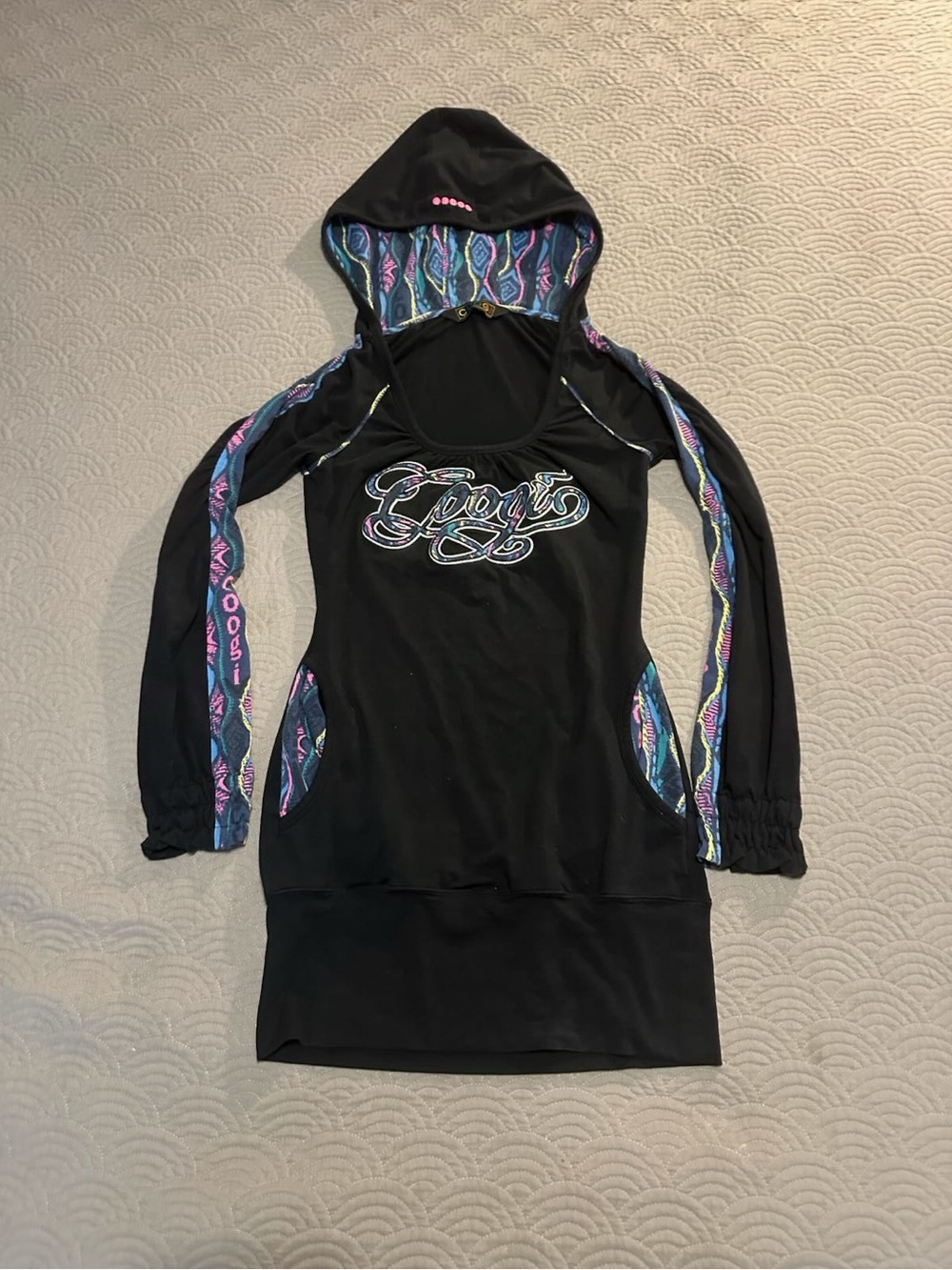 COOGI Black Long Sleeve Hoodie Dress with Multicolor Trim